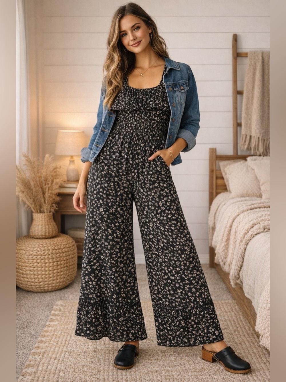 American Eagle Black Floral Wide Leg Jumpsuit Boho Ruffle Smocked Small